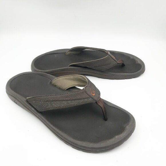OLUKAI Brown Leather Flip Flop Thong Sandals Mens 10 - Picture 1 of 11